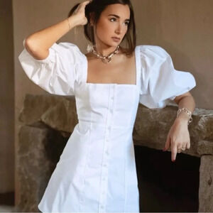 Danielle Bernstein White Button Down Puff Sleeve Babydoll Mini Dress 6